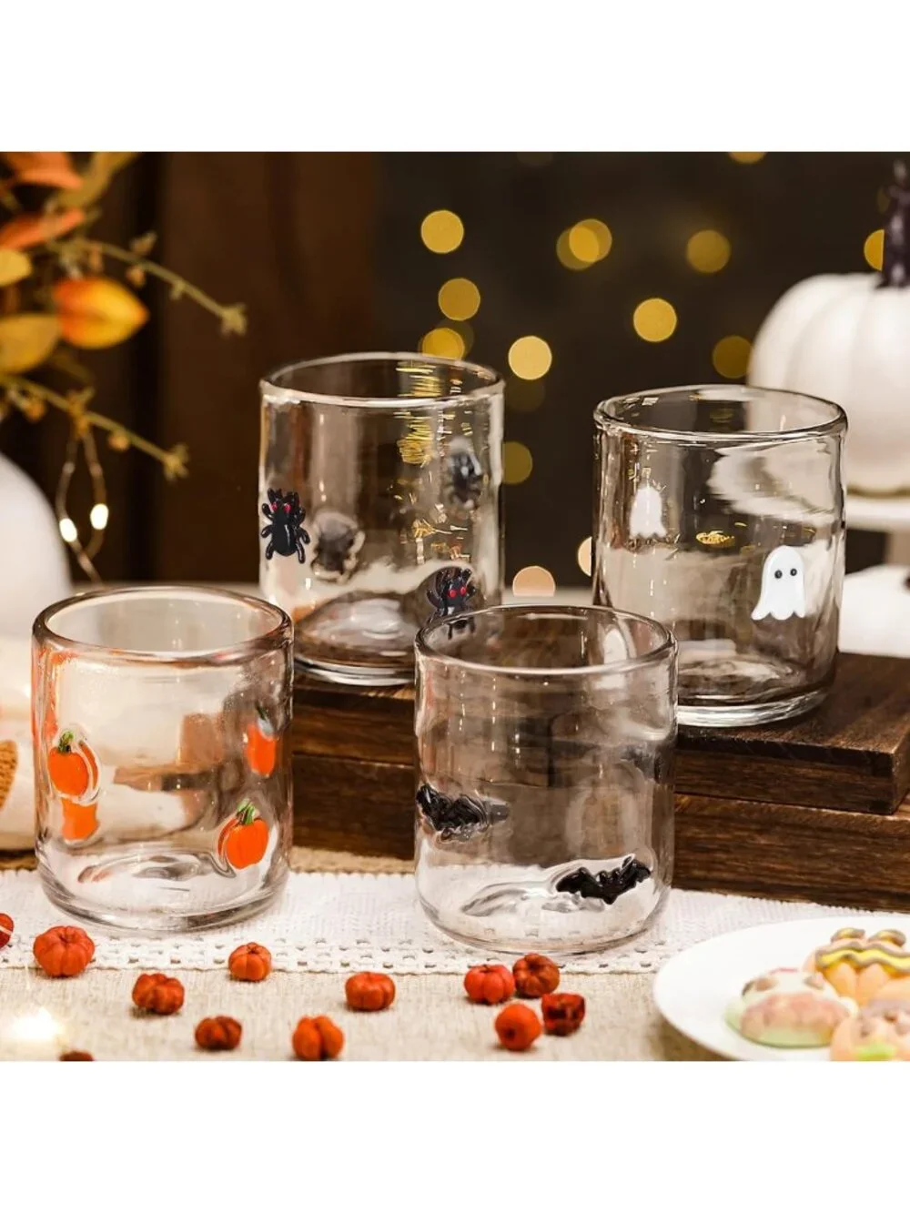Halloween Icon Glass Cups Set - 4 Pcs, 16oz Pumpkin, Spider, Bat & Ghost Decor